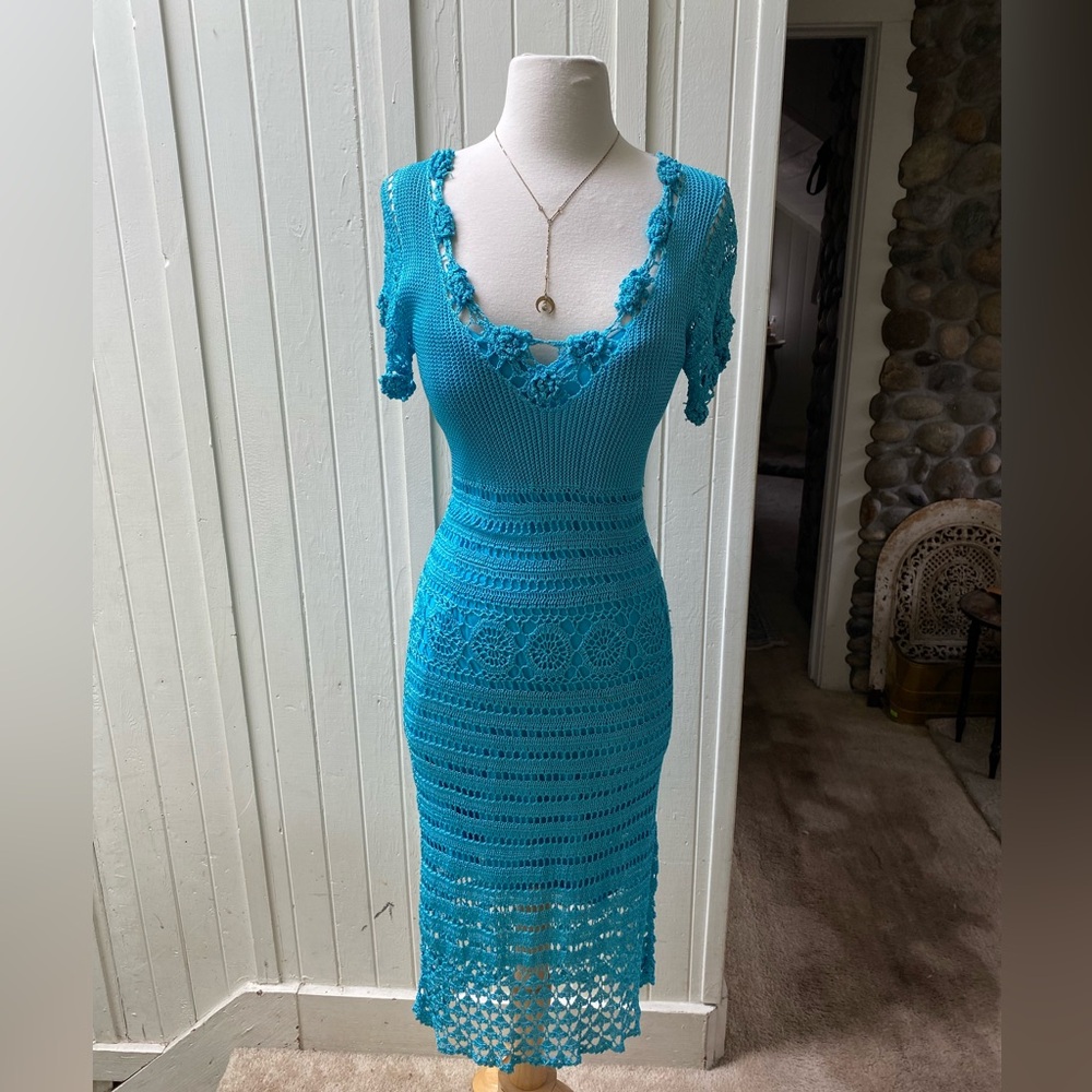 ABS Turquoise Blue Crochet Dress with Removable Lining